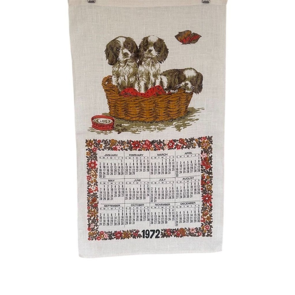 Vintage 1972 Elizabeth Bradley Tea Towel Spaniel Puppies Calendar Design - Picture 6 of 6
